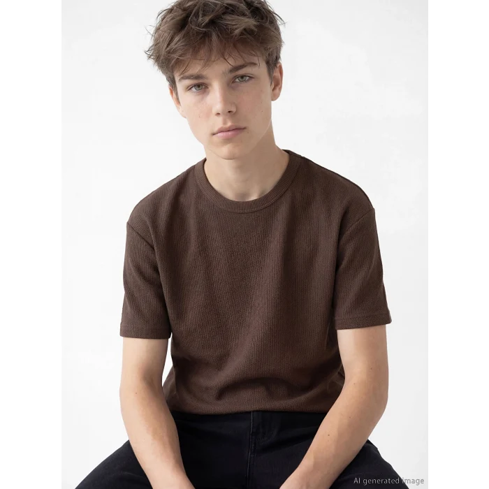 LCW Kids Kahverengi Bisiklet Yaka Erkek Çocuk Tişört