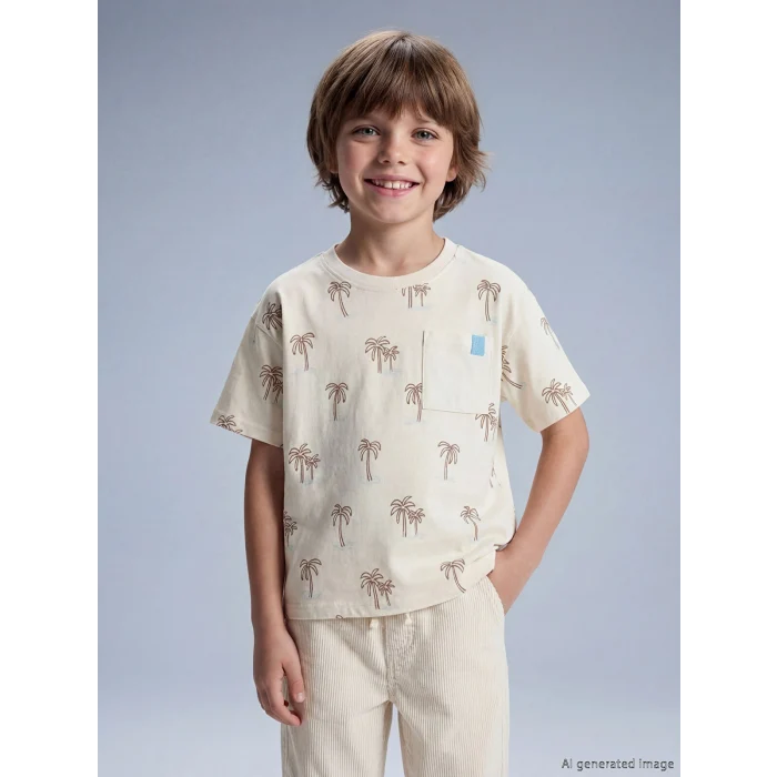 LCW Kids Bej Bisiklet Yaka Baskılı Erkek Çocuk Tişört
