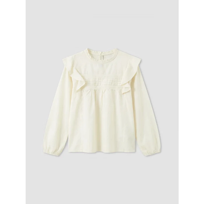LCW Kids Ekru Fırfır Detaylı Bisiklet Yaka Kız Çocuk Bluz