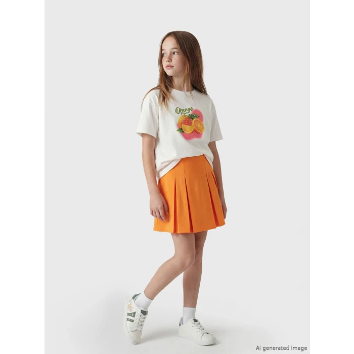 LCW Kids Ekru Baskılı Kız Çocuk Tişört ve Şort Etek