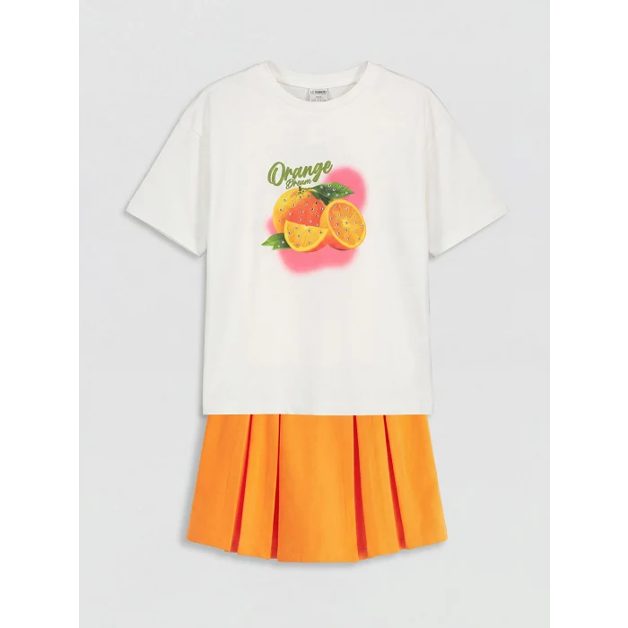 LCW Kids Ekru Baskılı Kız Çocuk Tişört ve Şort Etek