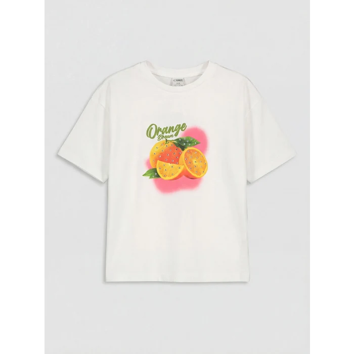 LCW Kids Ekru Baskılı Kız Çocuk Tişört ve Şort Etek