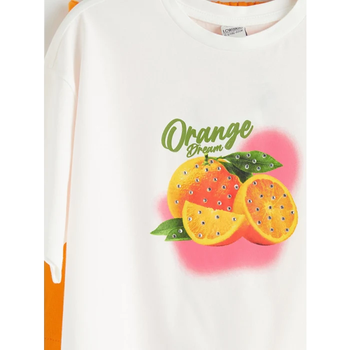 LCW Kids Ekru Baskılı Kız Çocuk Tişört ve Şort Etek