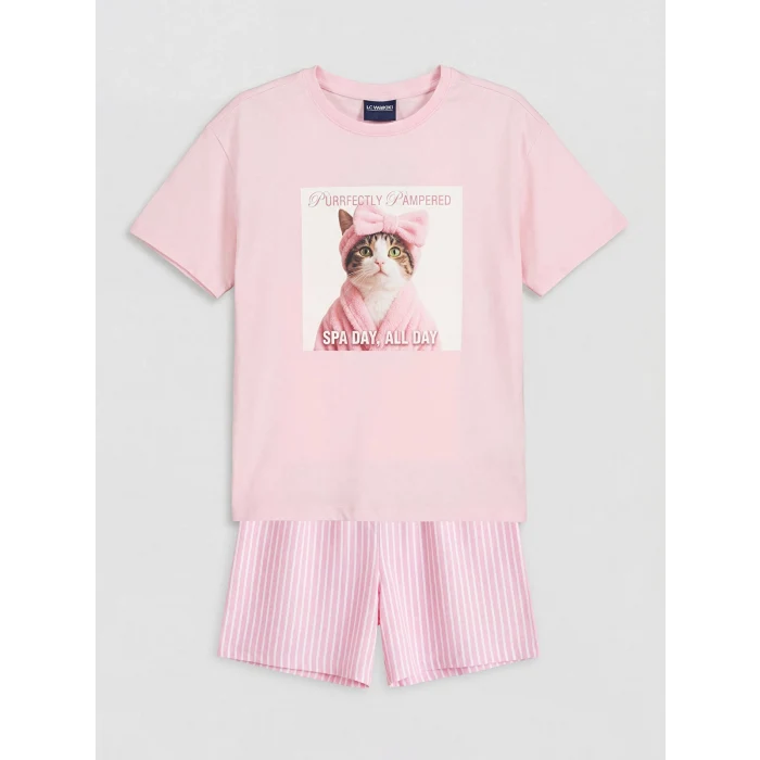 LCW Kids Pembe Baskılı Kız Çocuk Şortlu Pijama Takımı