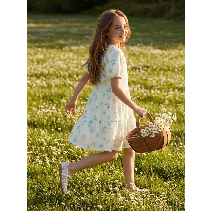 LCW Kids Beyaz Bisiklet Yaka Çiçekli Kız Çocuk Elbise