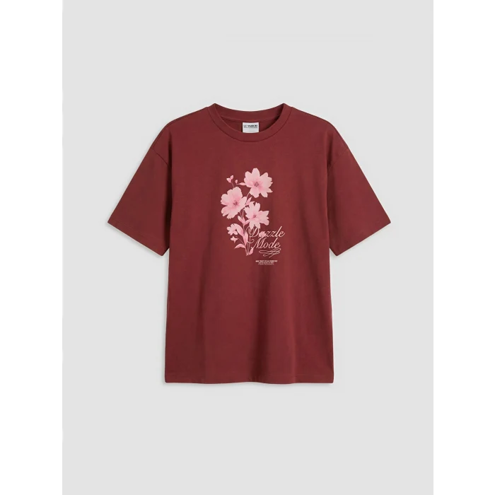 LCW Kids Bordo Bisiklet Yaka Baskılı Kız Çocuk Tişört