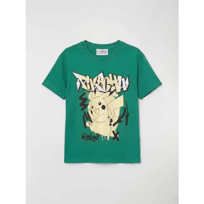 LCW Kids Yeşil Bisiklet Yaka Pikachu Baskılı Erkek Çocuk Tişört