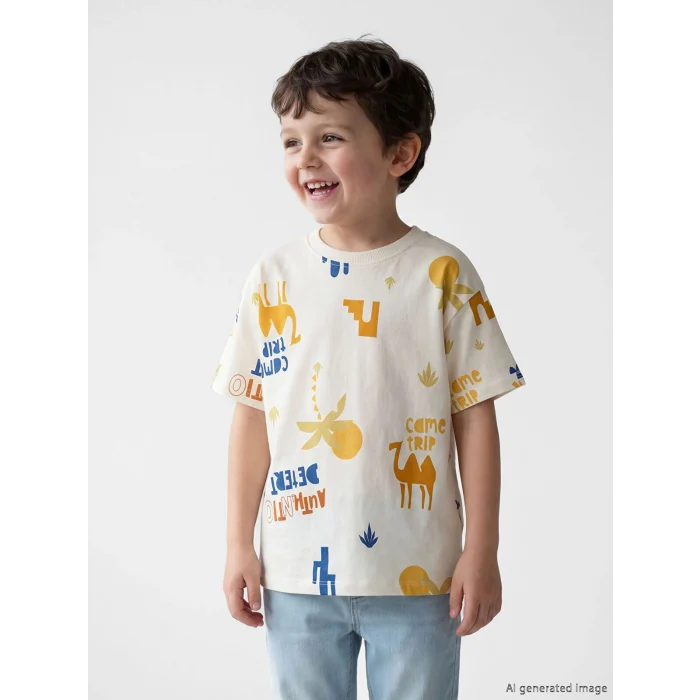 LCW Kids Bej Bisiklet Yaka Baskılı Erkek Çocuk Tişört