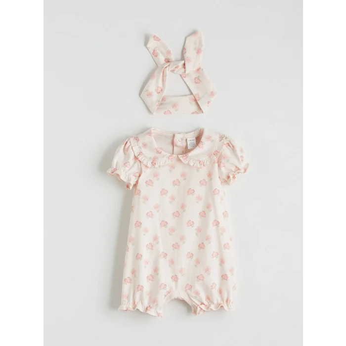 LCW baby Pembe Çiçekli Kız Bebek Tulum ve Saç Bandı
