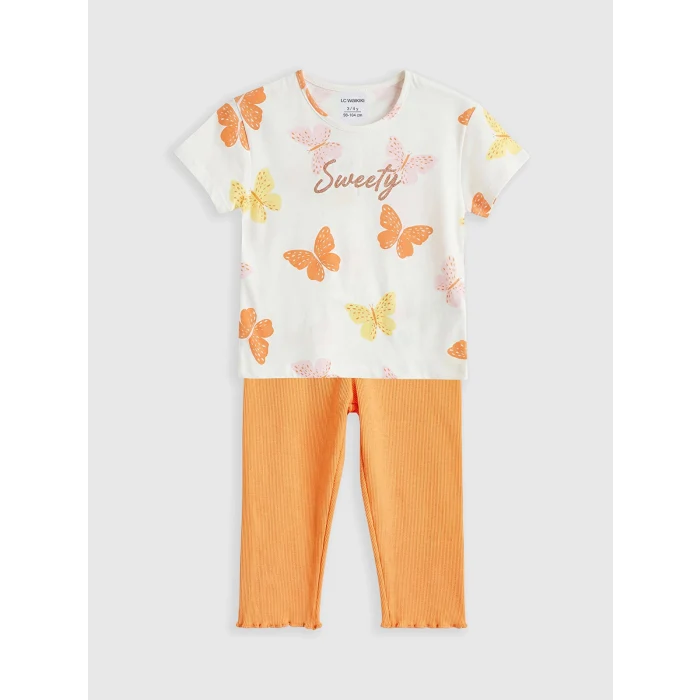 LCW Kids Ekru Kelebek Baskılı Kız Çocuk ve Tayt