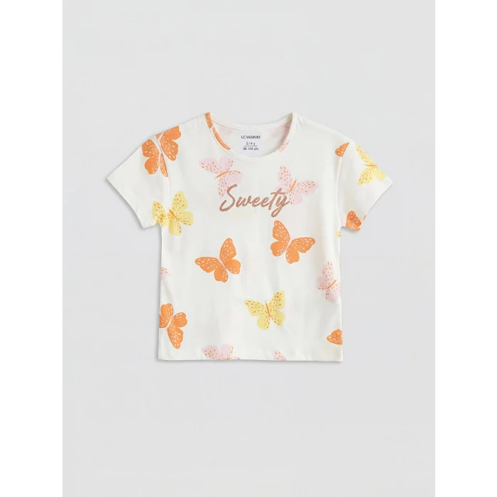 LCW Kids Ekru Kelebek Baskılı Kız Çocuk ve Tayt