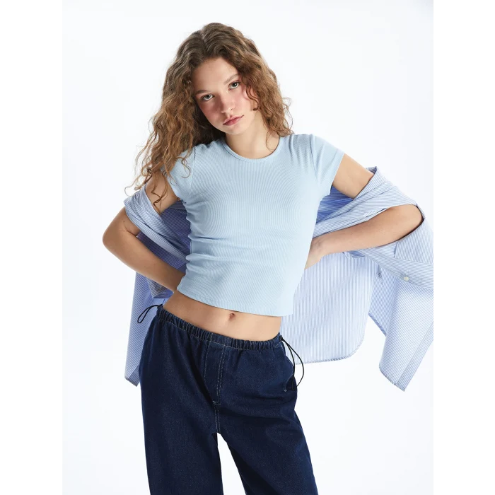 XSIDE Mavi Bisiklet Yaka Düz Kısa Kollu Kadın Crop Tişört