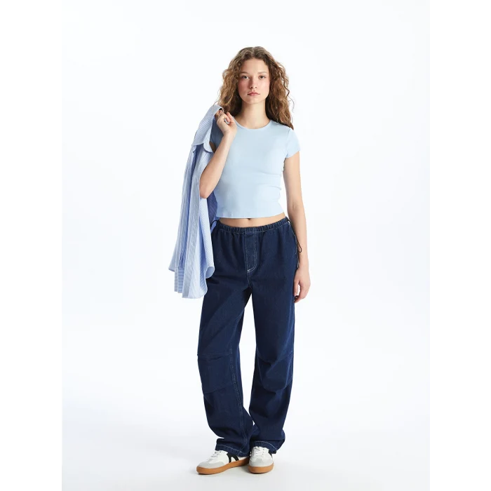 XSIDE Mavi Bisiklet Yaka Düz Kısa Kollu Kadın Crop Tişört