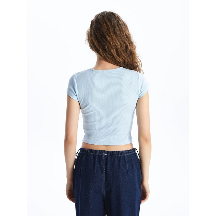 XSIDE Mavi Bisiklet Yaka Düz Kısa Kollu Kadın Crop Tişört