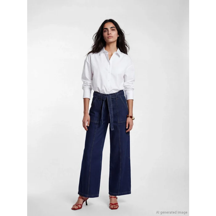 LCW Jeans İndigo Beli Kemerli Wideleg Kadın Jean Pantolon