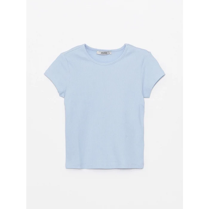 XSIDE Mavi Bisiklet Yaka Düz Kısa Kollu Kadın Crop Tişört