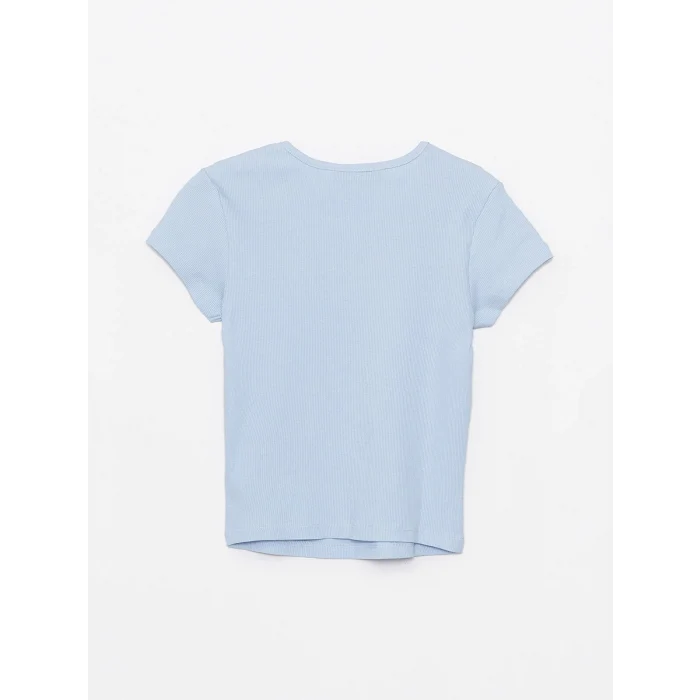 XSIDE Mavi Bisiklet Yaka Düz Kısa Kollu Kadın Crop Tişört