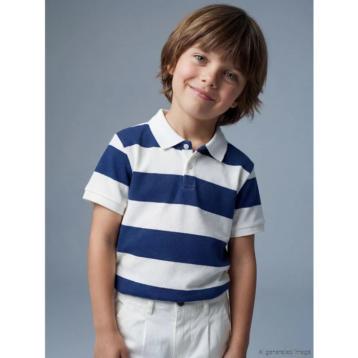 LCW Kids İndigo Polo Yaka Çizgili Erkek Çocuk Tişört