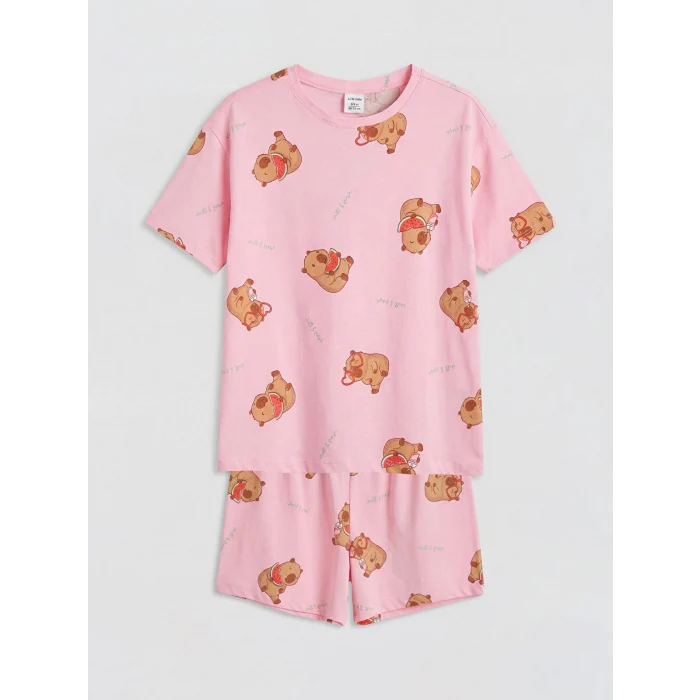 LCW Kids Pembe Baskılı Kız Çocuk Şortlu Pijama Takımı