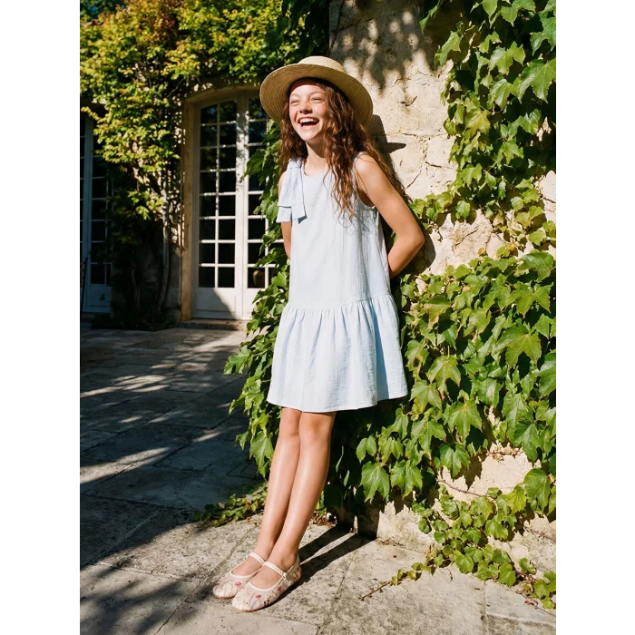 LCW Kids Mavi Bisiklet Yaka Fiyonk Detaylı Kız Çocuk Elbise