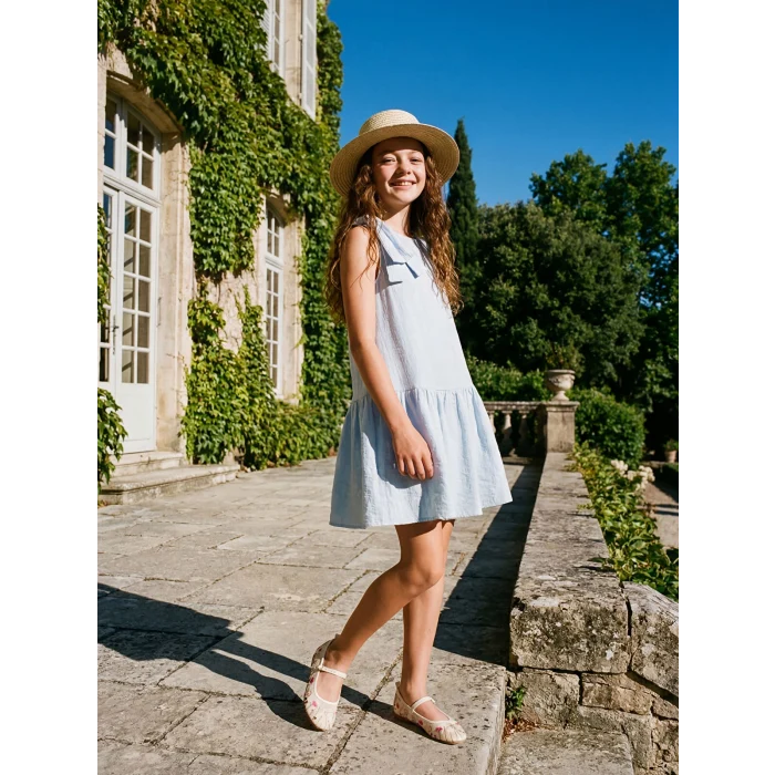 LCW Kids Mavi Bisiklet Yaka Fiyonk Detaylı Kız Çocuk Elbise