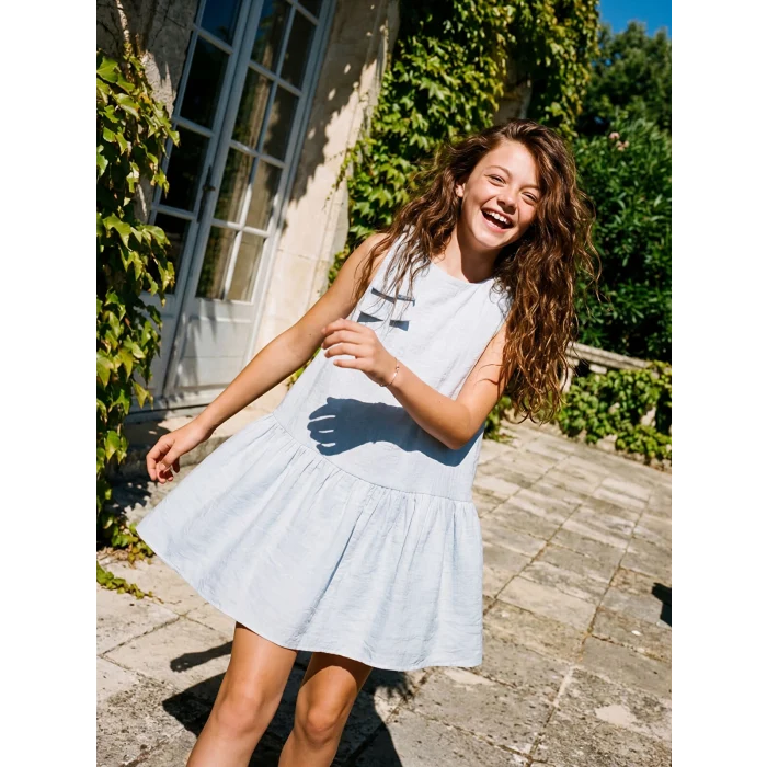 LCW Kids Mavi Bisiklet Yaka Fiyonk Detaylı Kız Çocuk Elbise