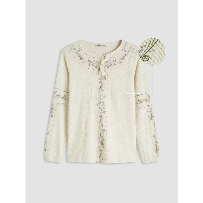 LCW Grace Bej Bisiklet Yaka Desenli Bluz