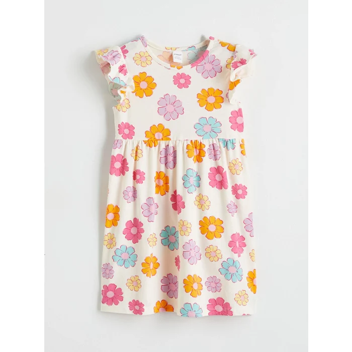 LCW Kids Ekru Çiçek Desenli Kız Çocuk Elbise