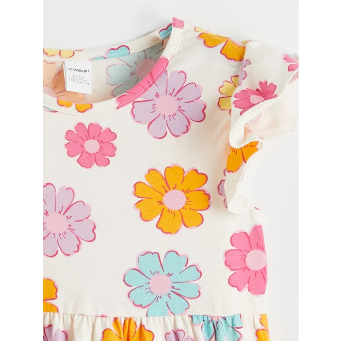 LCW Kids Ekru Çiçek Desenli Kız Çocuk Elbise