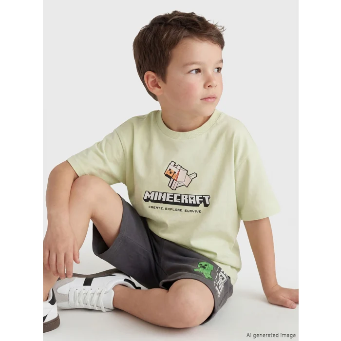 LCW Kids Yeşil Bisiklet Yaka Minecraft Baskılı Erkek Çocuk Tişört