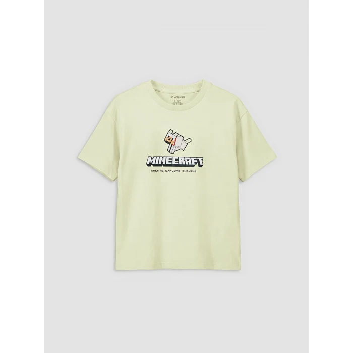 LCW Kids Yeşil Bisiklet Yaka Minecraft Baskılı Erkek Çocuk Tişört