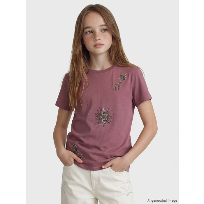 LCW Kids Pembe Bisiklet Yaka Boncuklu Kız Çocuk Tişört