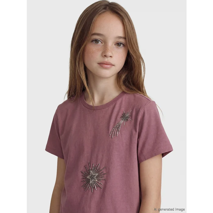 LCW Kids Pembe Bisiklet Yaka Boncuklu Kız Çocuk Tişört