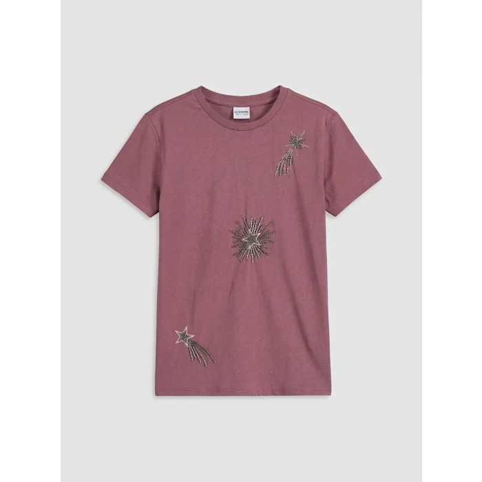 LCW Kids Pembe Bisiklet Yaka Boncuklu Kız Çocuk Tişört