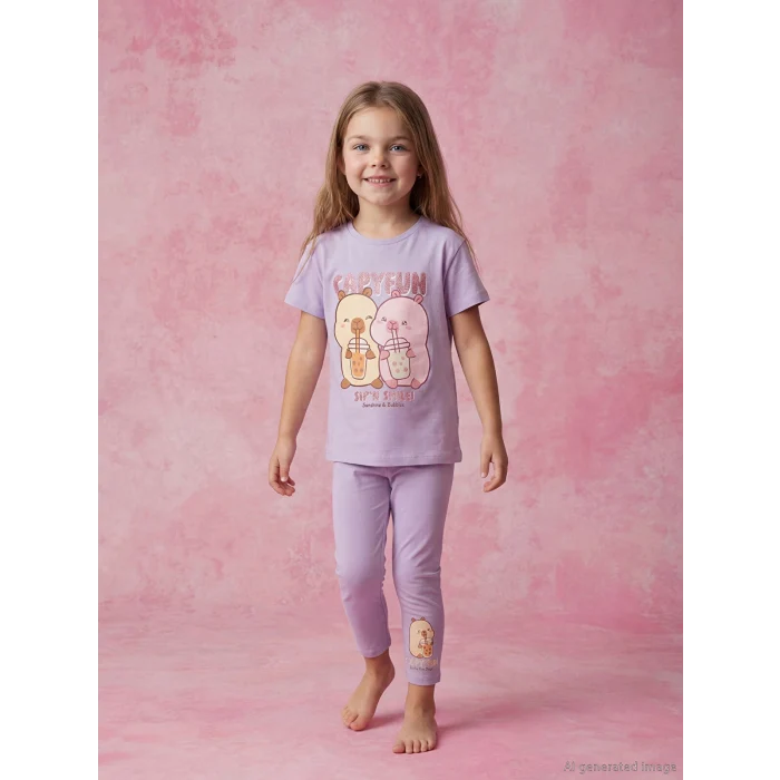 LCW Kids Lila Capyfun Baskılı Kız Çocuk Tişört ve Tayt