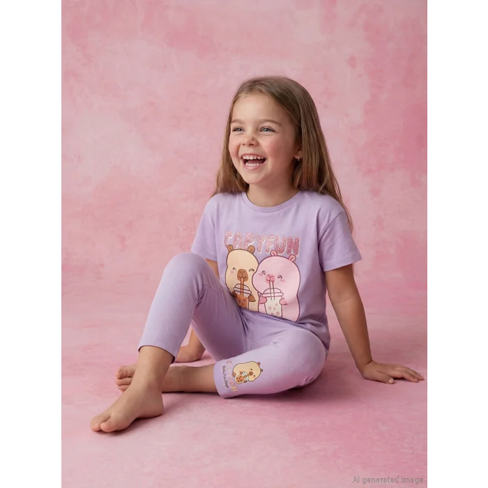 LCW Kids Lila Capyfun Baskılı Kız Çocuk Tişört ve Tayt