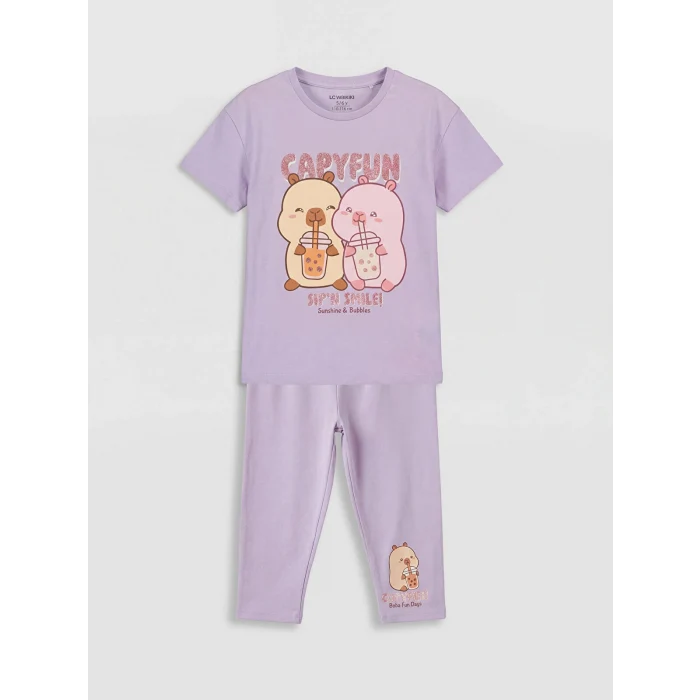 LCW Kids Lila Capyfun Baskılı Kız Çocuk Tişört ve Tayt