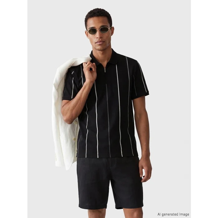 LCW Vision Siyah Polo Yaka Çizgili Pike Erkek Tişört