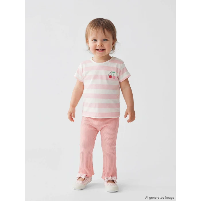 LCW baby Ekru Çizgili Baskılı Kız Bebek Takım