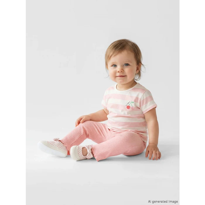 LCW baby Ekru Çizgili Baskılı Kız Bebek Takım