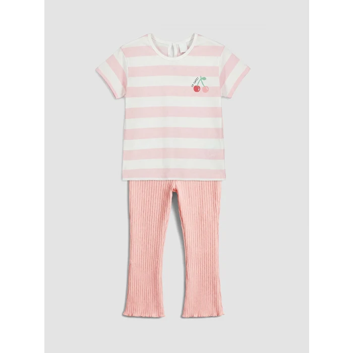 LCW baby Ekru Çizgili Baskılı Kız Bebek Takım