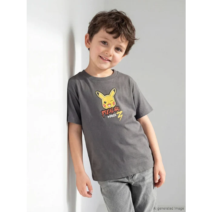 LCW Kids Gri Pikachu Baskılı Erkek Çocuk Tişört