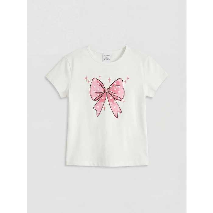 LCW Kids Ekru Bisiklet Yaka Baskılı Kız Çocuk Tişört