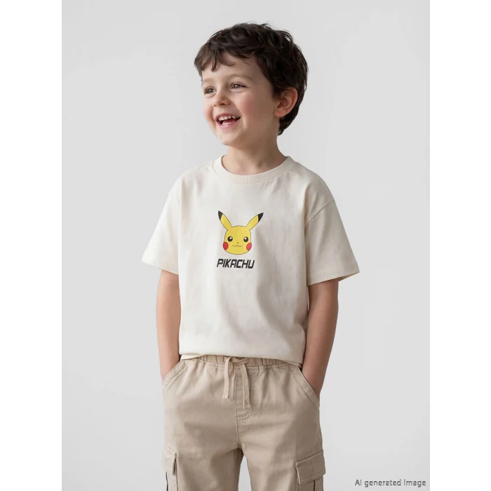 LCW Kids Bej Pikachu Baskılı Erkek Çocuk Tişört