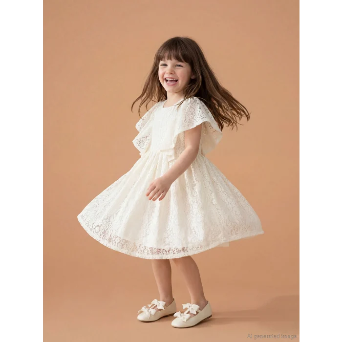 LCW Kids Ekru Bisiklet Yaka Kız Çocuk Dantel Elbise