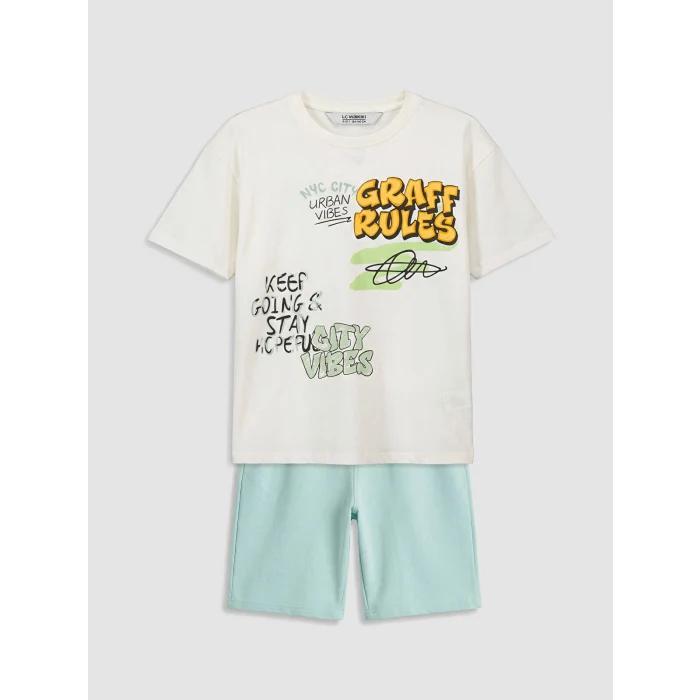 LCW Kids Ekru Baskılı Erkek Çocuk Tişört ve Şort