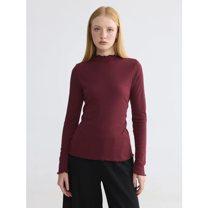 LCW Modest Bordo Fırfırlı Dik Yaka Kadın Body