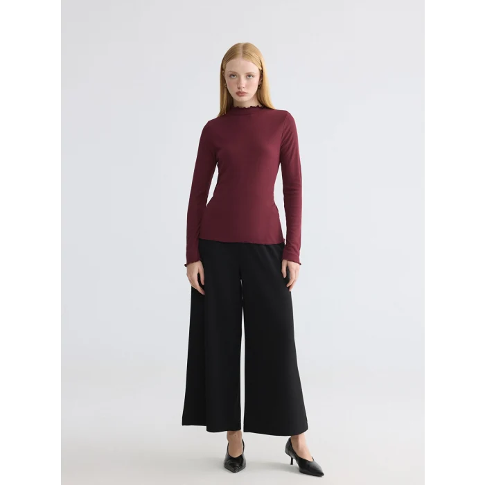 LCW Modest Bordo Fırfırlı Dik Yaka Kadın Body