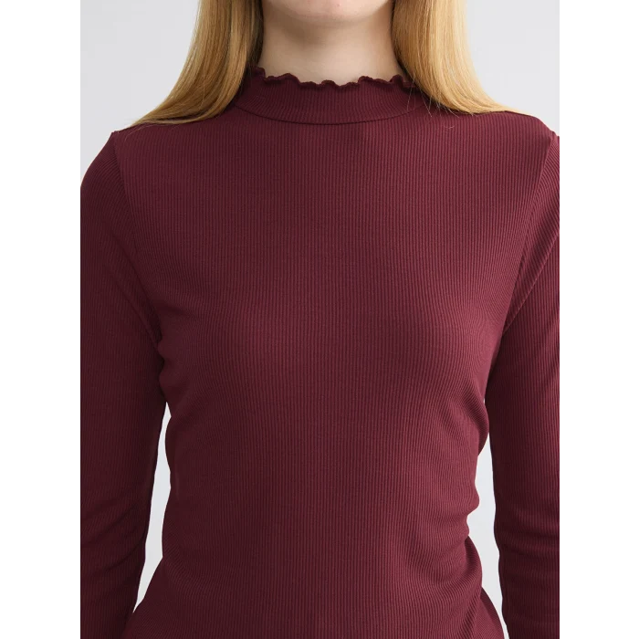 LCW Modest Bordo Fırfırlı Dik Yaka Kadın Body