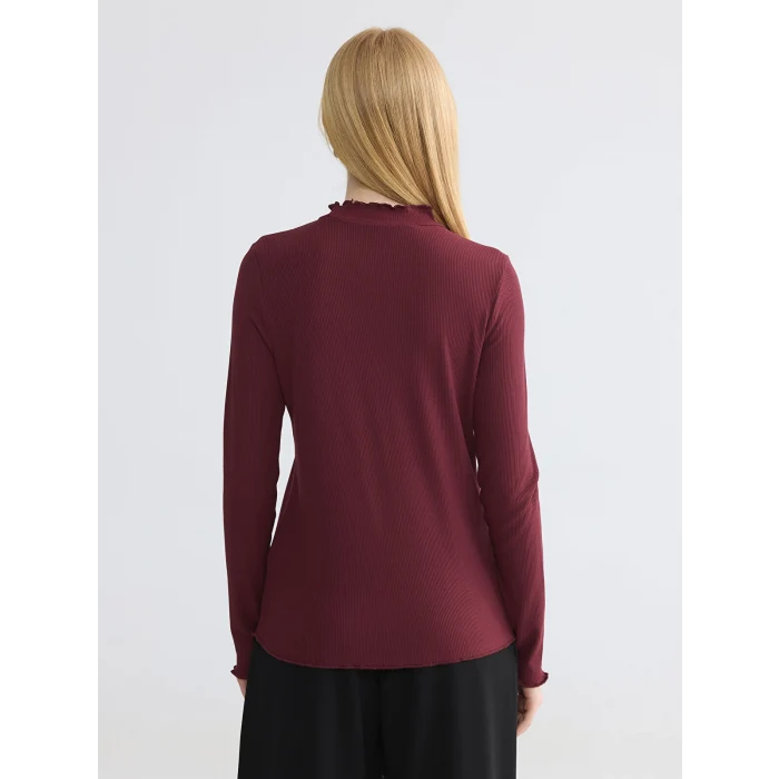 LCW Modest Bordo Fırfırlı Dik Yaka Kadın Body